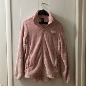 Pastel pink fuzzy rose gold zipper full zip fleece